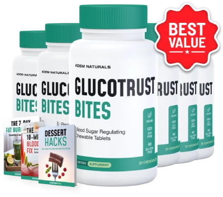 GlucoTrust Bites 6 bottle package with 3 free bonuses